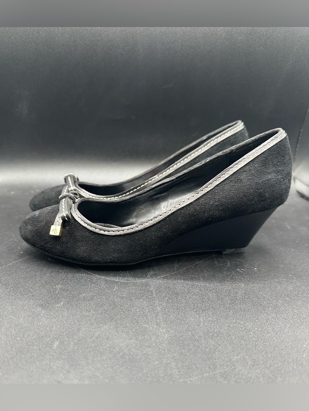NWT Lauren Ralph Lauren Bernee Women's Sz 7 Black Suede Wedge Heels Leather Bow